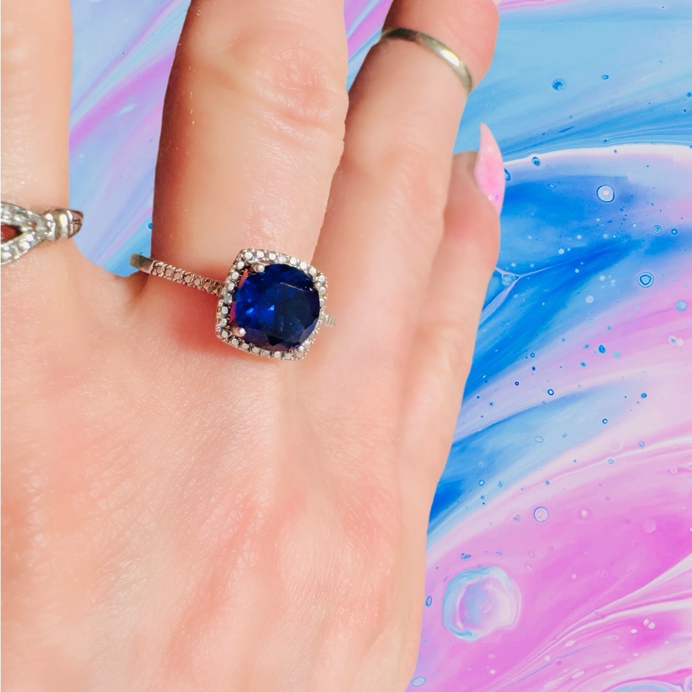 Elegant Sterling Silver Lab Created, Halo Design, Blue Sapphire Gemstone Ring 6